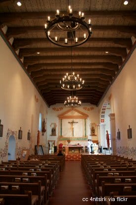 View of the aisle and altar at the San Luis Obispo Mission