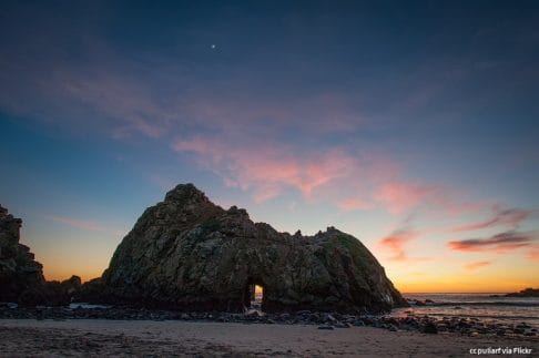 Keyhole Rock at Pfeiffer Beach with the moon