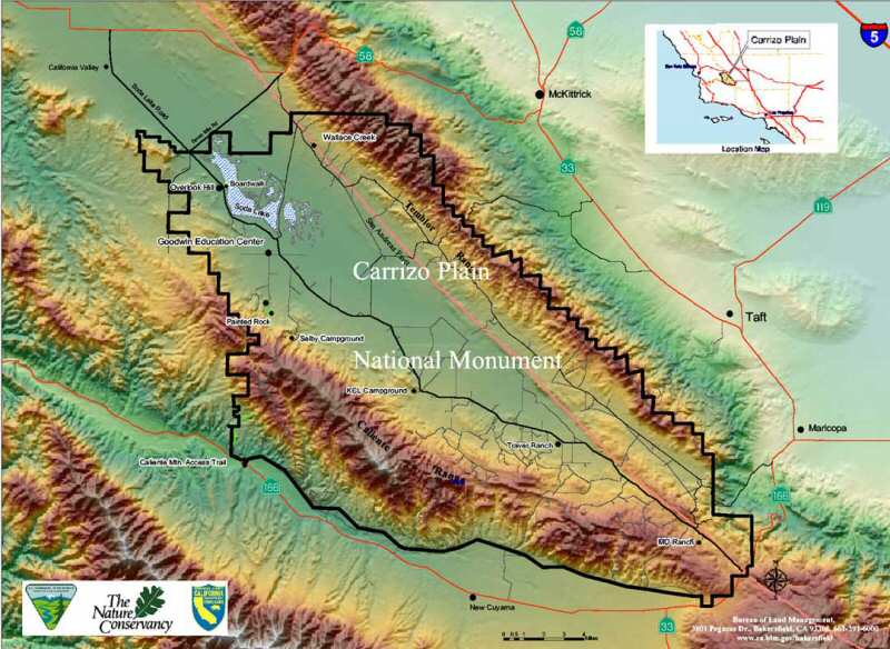 Physical relief map of the Carrizo Plains National Monument Physical relief map of the Carrizo Plains National Monument