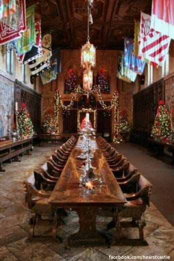 The grand dining room decorated for Christmas
