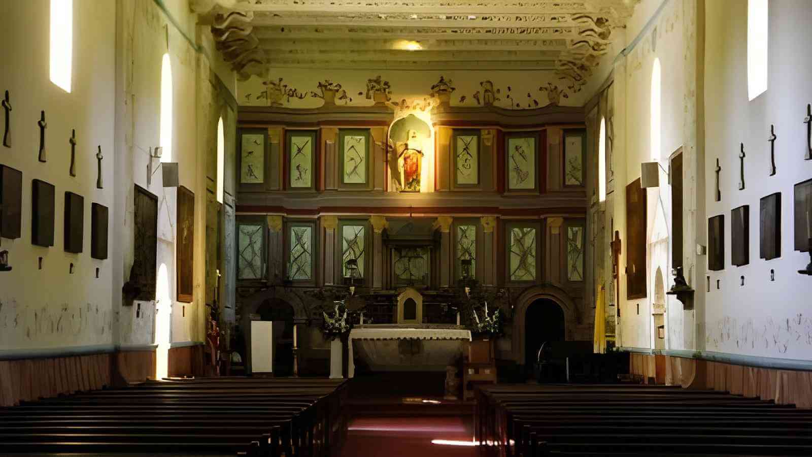 Interior photo of the Mission Santa Ines altar reredos.